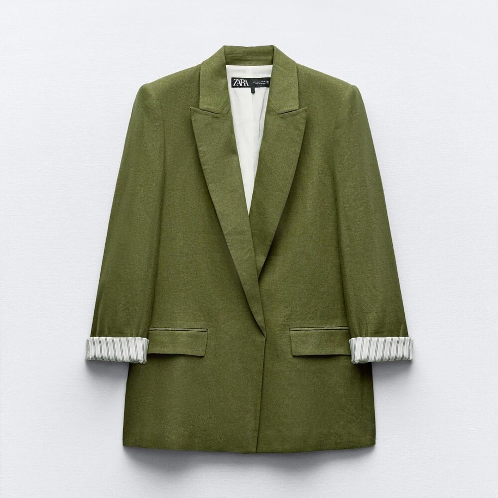 Zara Linen Blend Roll Up Sleeve Open Front Blazer, XS